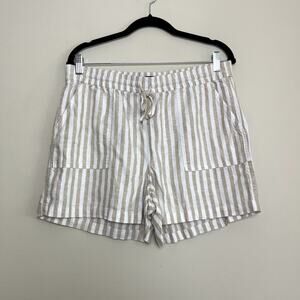 J.Crew Beige‎ White Striped Linen-Blend Drawstring Beach Shorts Sz M